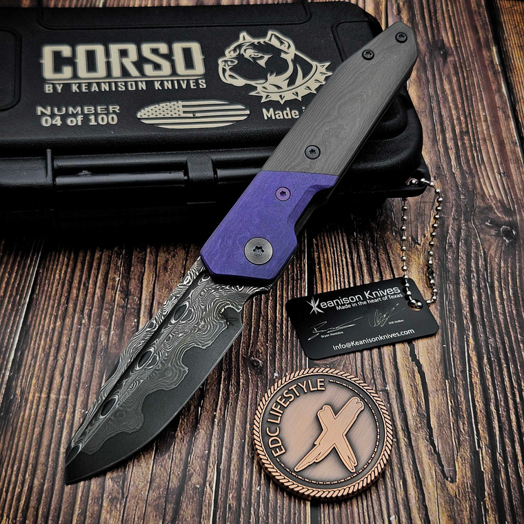 Keanison Knives Corso Liner Lock Morphaholic TPT Scales Vegas Forge NitroV Core Damascus #04