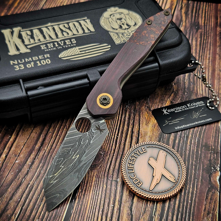 Keanison Knives Basset Liner Lock Red Linen Micarta Scales w/Bakelite Tear Bolsters Vegas Forge Stainless Damascus #33