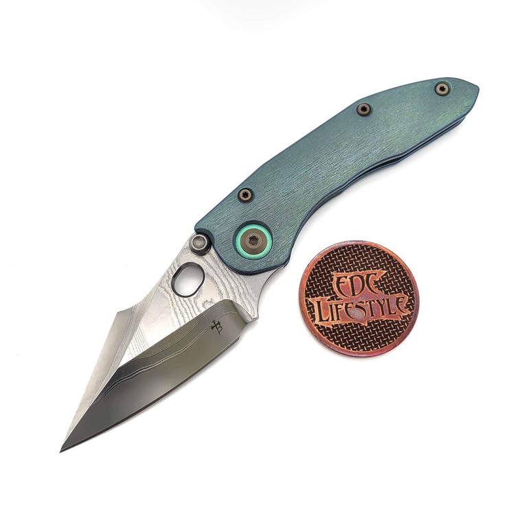 Borka Blades Stitch Green Anodized Barked Handle Green Collar/Backspacer Vegas Forge Tiger Damascus