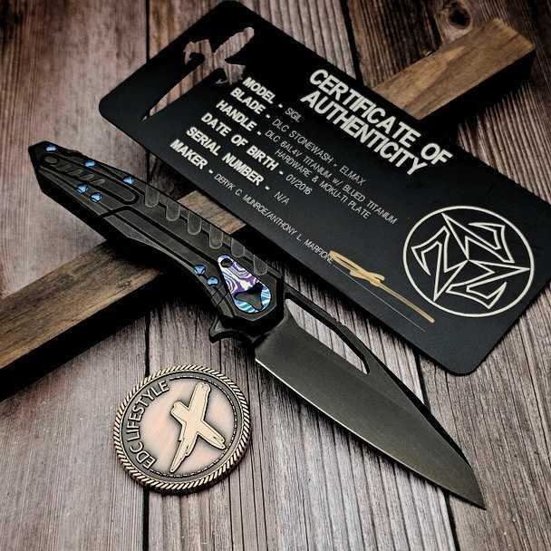 Marfione Custom Sigil DLC Titanium w/DLC Stonewash Elmax Blue Ti HW & Mokuti Plate - Preowned on EDC Lifestyle