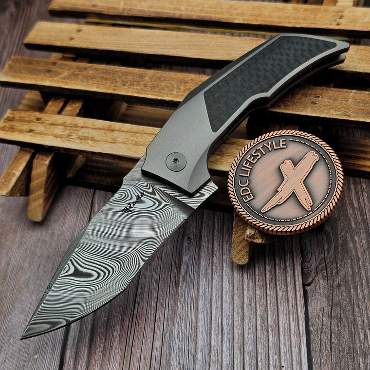Reate T3000 Carbon Fiber Inlay Titanium Handle 3" Damasteel
