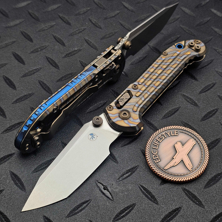 Microtech LUDT Ram-Lok Manual Flamed Grooved Titanium 3.4" Tanto Stonewash M390MK Blue Ti Accent Marfione Select 1136RLG-10MS4