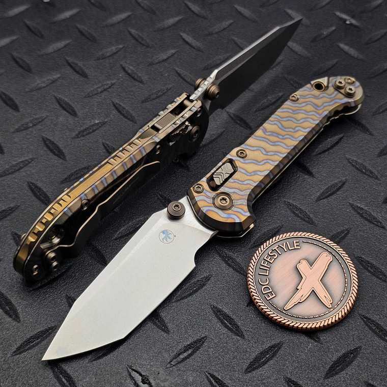 Microtech LUDT Ram-Lok Manual Flamed Slab Side Titanium 3.4" Tanto Stonewash M390MK Bronze Ti Accent Marfione Select 1136RLS-10MS3
