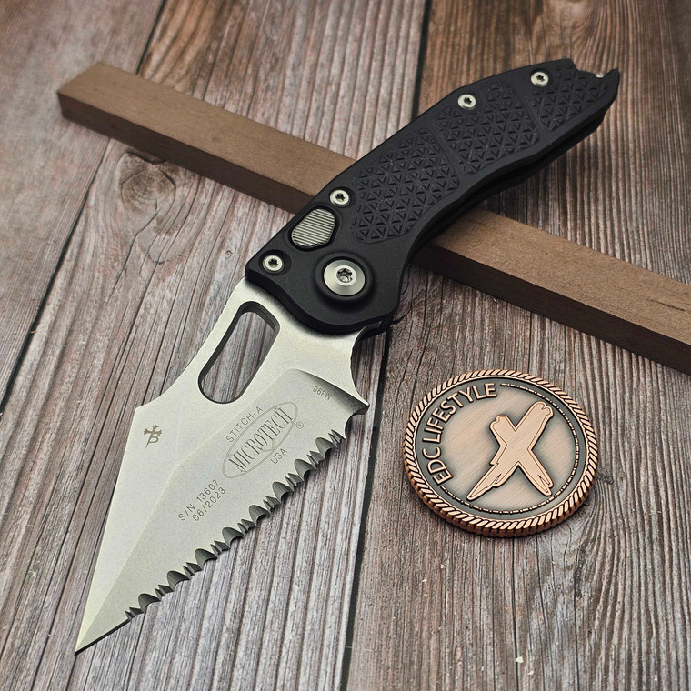 Microtech Stitch Auto Black S/E Stonewash Full Serrated 169-12 - Preowned S/N 13607