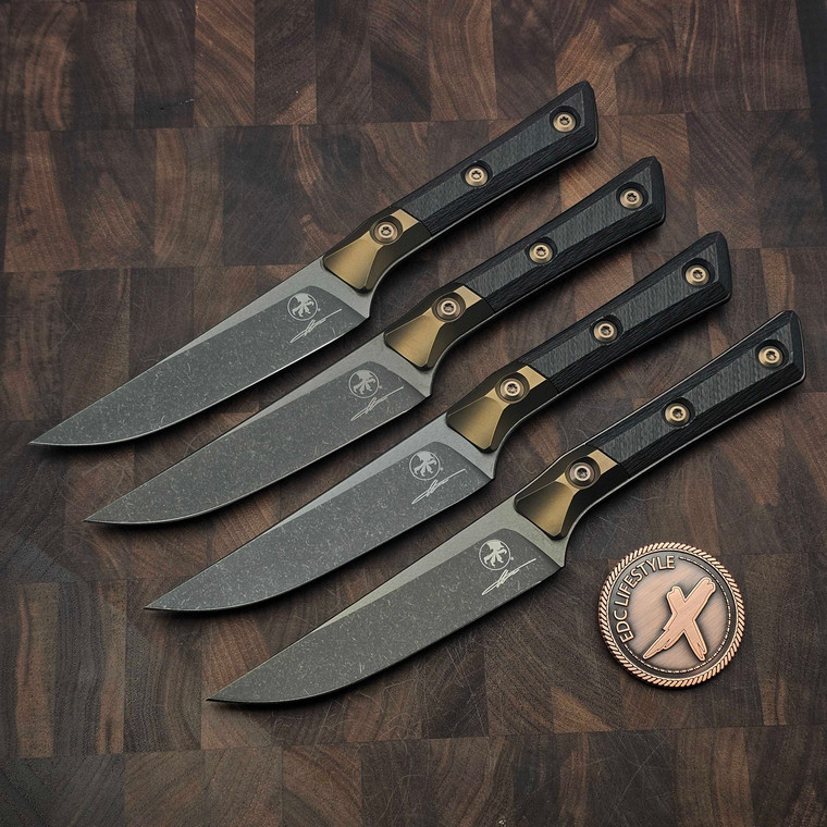 MICROTECH KNIVES 4.5" M390 STEAK KNIFE SET DLC W/BRONZE TITANIUM BOLSTER CARBON FIBER 3600B-1SETDLCCFS