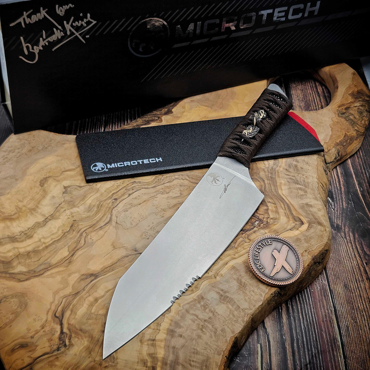 Bastinelli Microtech Custom 8" Chef Knife Combo Serrated Brown Tsuka Wrap Menuki