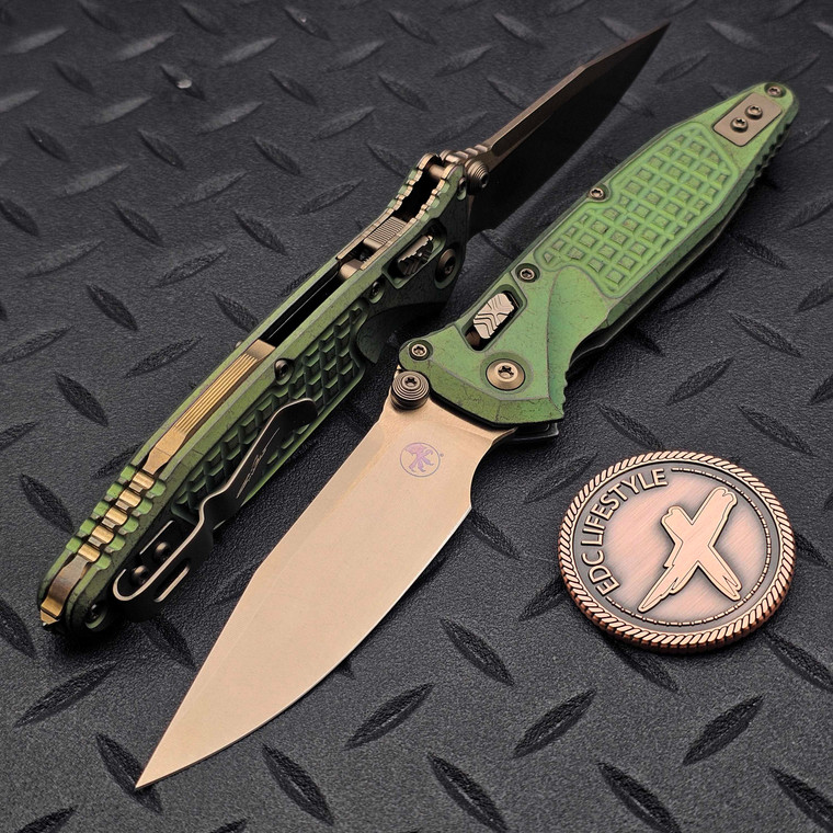 MICROTECH SOCOM RAM-LOK BRONZED STONEWASH CLIP POINT ANTIQUE GREEN FRAG TITANIUM W/BRONZE TI ACCENT MARFIONE SEELCT 160RL-13FRMS1