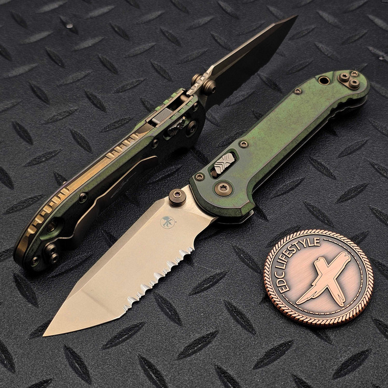 Microtech LUDT Ram-Lok Manual Antique Green Slab Titanium 3.4" Tanto Bronzed Full Serrated M390MK Bronze Ti Accent Marfione Select 1136RLS-15MS1
