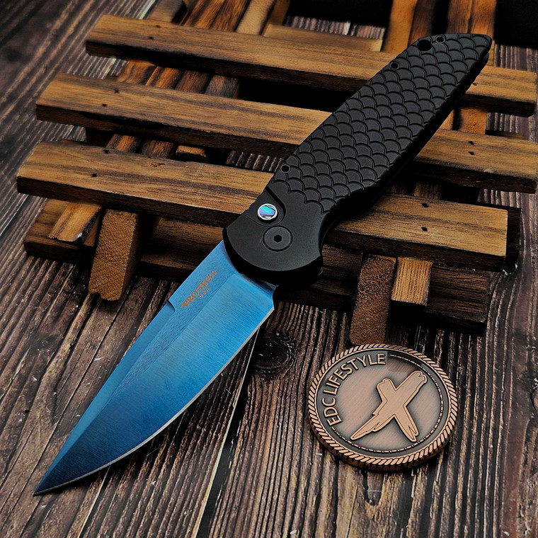 Pro-Tech Knives TR-3 X1 Black Fish Scale 3.5" Sapphire Blue Clip Point TR-3-X1-SB