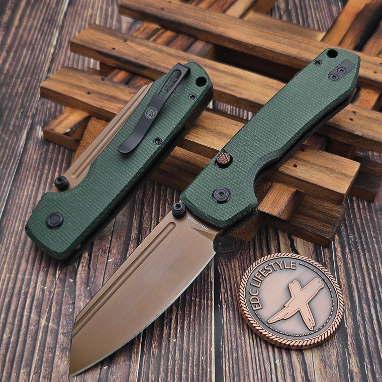 Vosteed Raccoon Green Micarta Button Liner Lock 3.2" Copper Dune Modified Sheepsfoot VS-A2929 by EDC Lifestyle