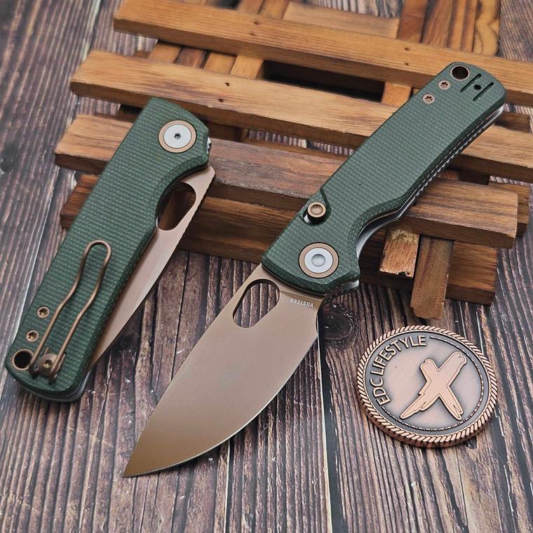 Vosteed Porcupine Green Micarta Button Liner Lock 2.99" S/E Copper Dune VS-A2609 by EDC LIfestyle