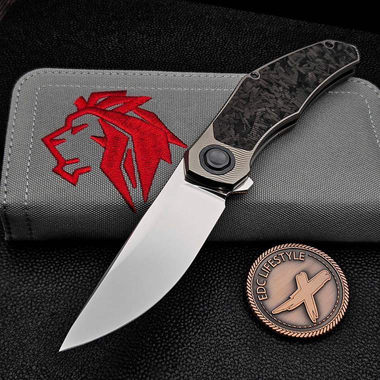 Holt Bladeworks Renegade 332 Quill Crystal Zirc Collars, Black Timascus Clip and Spacer & Black Fat Carbon Shred Inlay