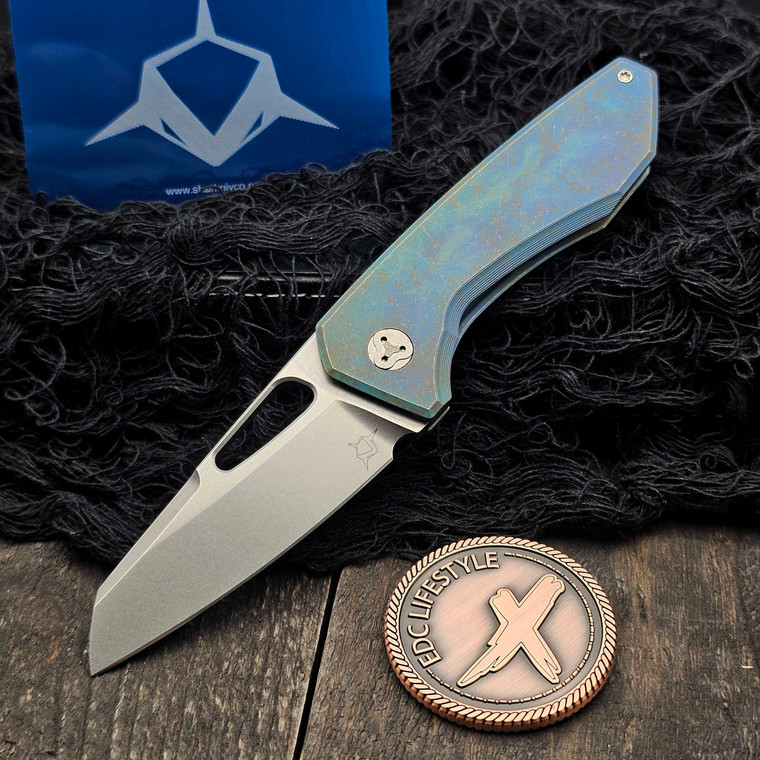 Sharknivco M11 Milled Distressed Blue Titanium Handle Polished Stonewash RWL34 Blade