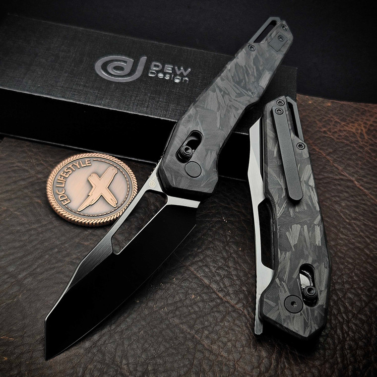 Dew Hara SOUGA Marble Carbon Fiber Crossbar Lock Mirror Polish 3.63" DLC M390 Reverse Tanto