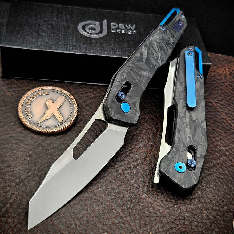 Dew Hara SOUGA Marble Carbon Fiber Crossbar Lock Mirror Polish 3.63" M390 Reverse Tanto