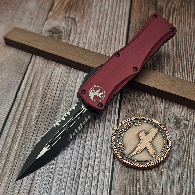 Microtech 702-2MR Merlot Hera Double Edge Black Standard Partial Serrated S/N 7659 - Preowned