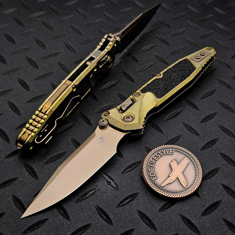 MICROTECH SOCOM RAM-LOK BRONZED STONEWASH CLIP POINT ANTIQUE GOLD TEXTURED INLAY TITANIUM W/BRONZE TI ACCENT MARFIONE SELECT 160RL-13MS2
