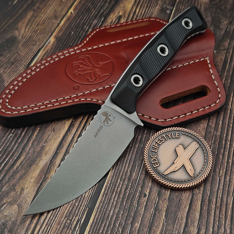 Microtech Akris Fixed Blade Black G-10 3.7" Stonewash M390MK w/Black Cherry Leather Sheath 95-10BK-3 by EDC Lifestyle