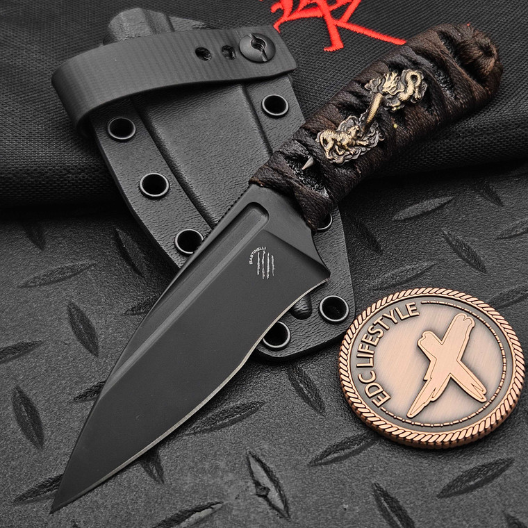 Bastinelli Knives Sin Fixed Blade PVD Brown Tsuka Wrap Bronze Dragon Tiger Menuki S2