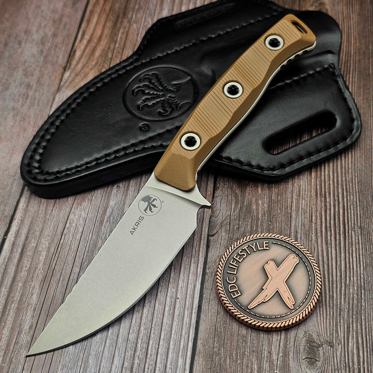Microtech Akris Fixed Blade Dark Earth G-10 3.7" Stonewash M390MK w/Black Leather Sheath 95-10DE-2 by EDC Lifestyle
