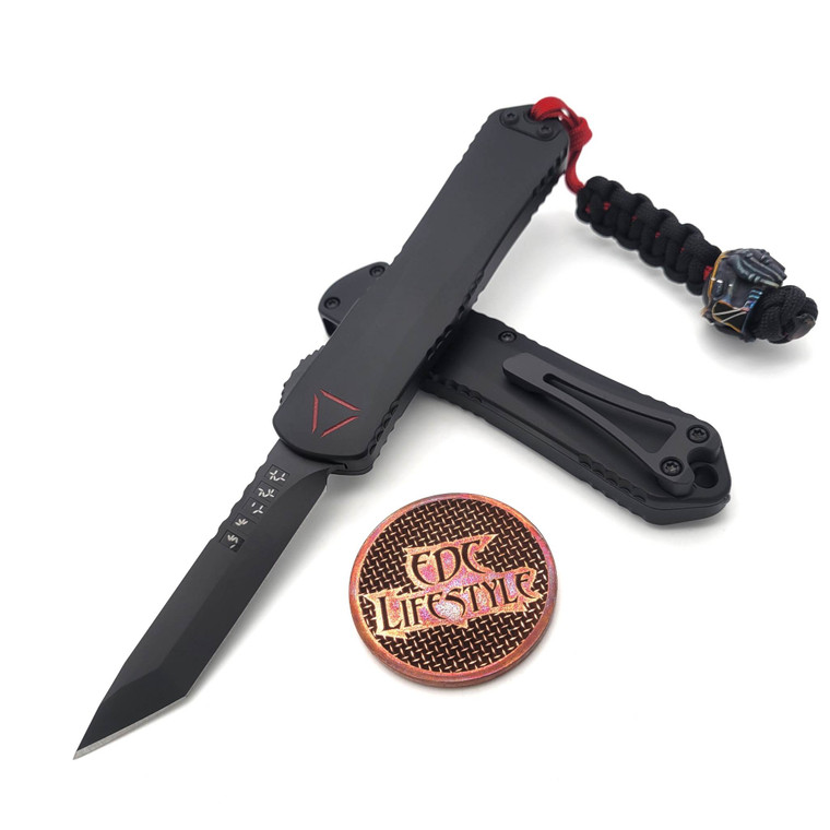 Heretic Manticore E Deep Engraved Red Predator Logo, DLC Tanto Blade w/Predator Language, Hand Crafted Cobalt Bead H027-6A-PREDC