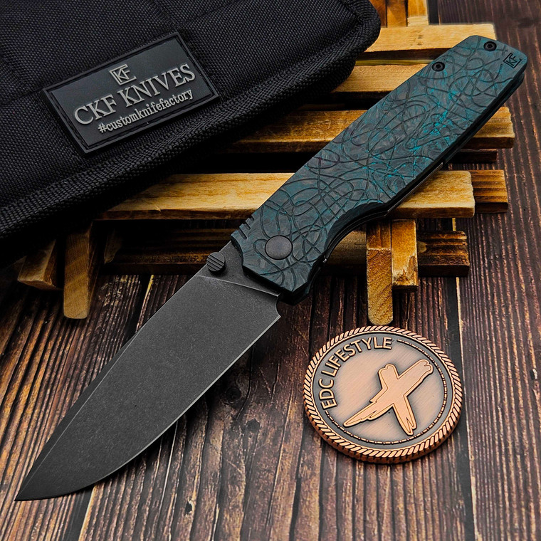 Custom Knife Factory CKF LEX Turquoise Carbon Fiber 3.46" Blackwash by EDC Lifestyle