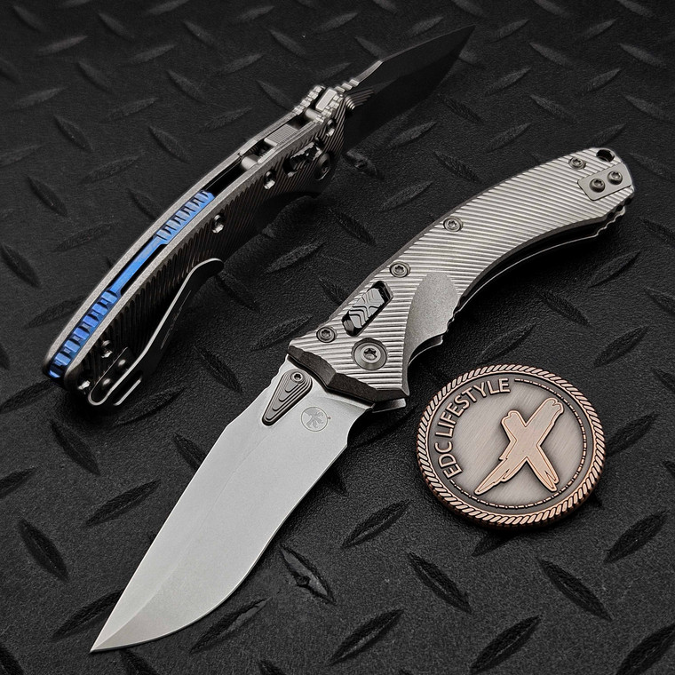 Microtech Amphibian Mini Ram-Lok Fluted Titanium 3.25" S/E Stonewash Blue Ti Accent Marfione Select 137MRL-10FLMS2 by EDC Lifestyle