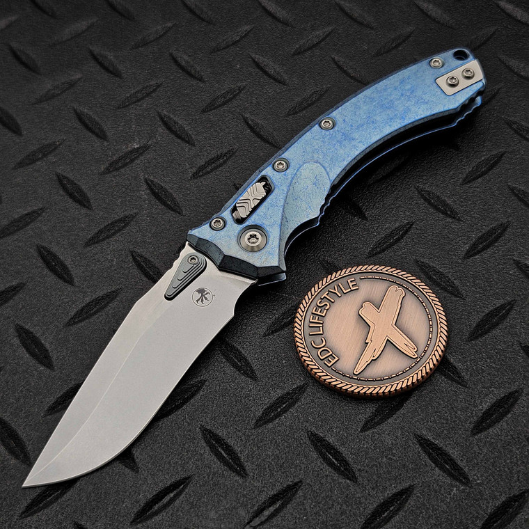Microtech Amphibian Mini Ram-Lok Ice Blue Slab Side Titanium 3.25" S/E Stonewash Blue Ti Accent Marfione Select 137MRL-10MS6 by EDC Lifestyle