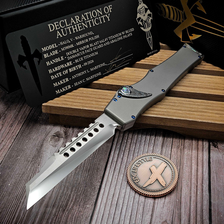 Marfione Custom/Sean Marfione Halo V Double Vapor Blast Titanium Mirror Polish Warhound Damascus Swoop Abalone Inlays S1