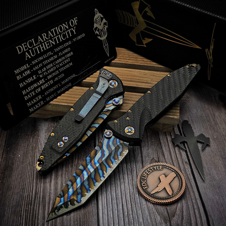 Marfione Custom/Sean Marfione Socom Elite Manual T/E '97 Grind Flamed Titanium Blade Slab Side Carbon Fiber Flamed Ti Accent Bronzed Ti HW