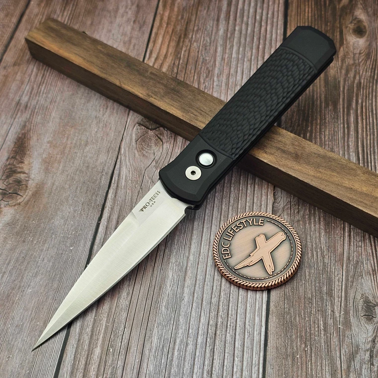 Pro-Tech Godfather 925-LTD Black Jigged Handle, Satin Blade, Pearl Button - Preowned
