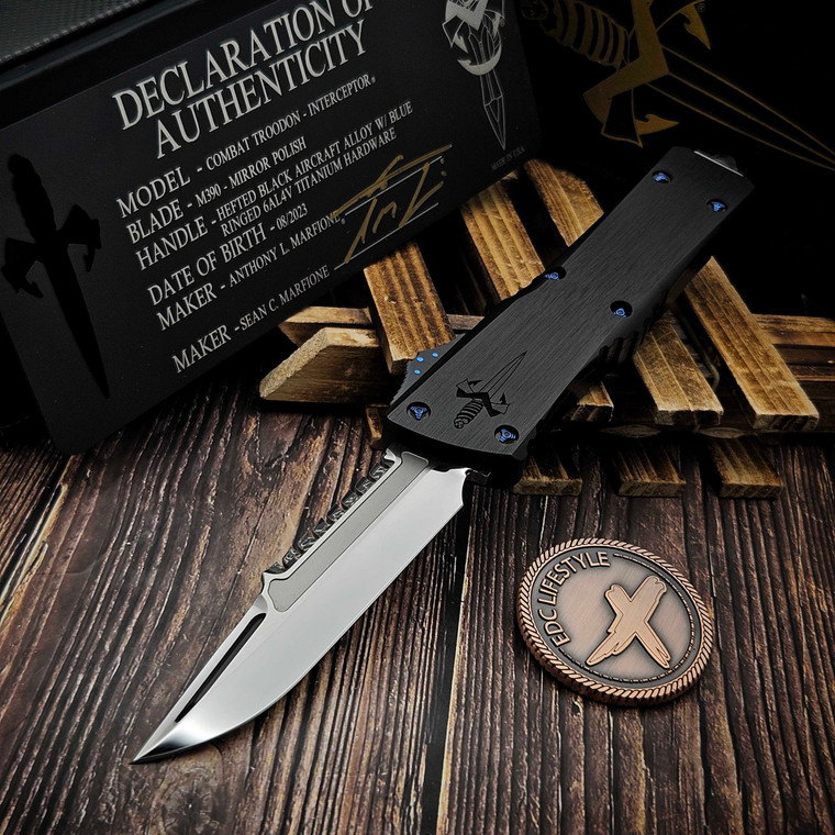 Marfione Custom Combat Troodon Gen II Interceptor Mirror Polish Blue Ringed TI HW