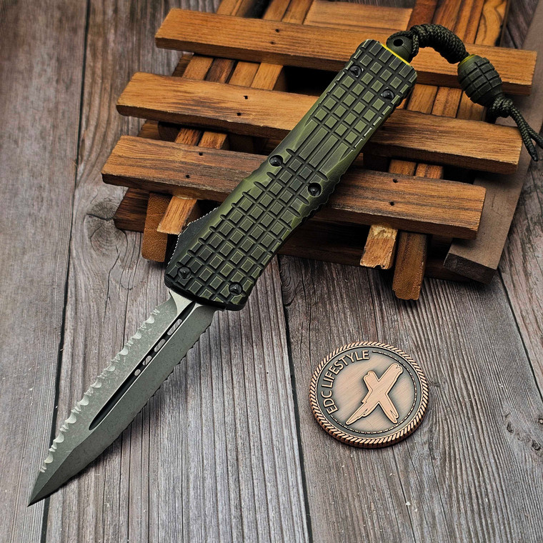 Microtech Combat Troodon Frag OFF Grenade Green W/ Grenade Lanyard 4" D/E Apocalyptic Double Reverse Full Serrated 142-DR12APFOGG by EDC Lifestyle
