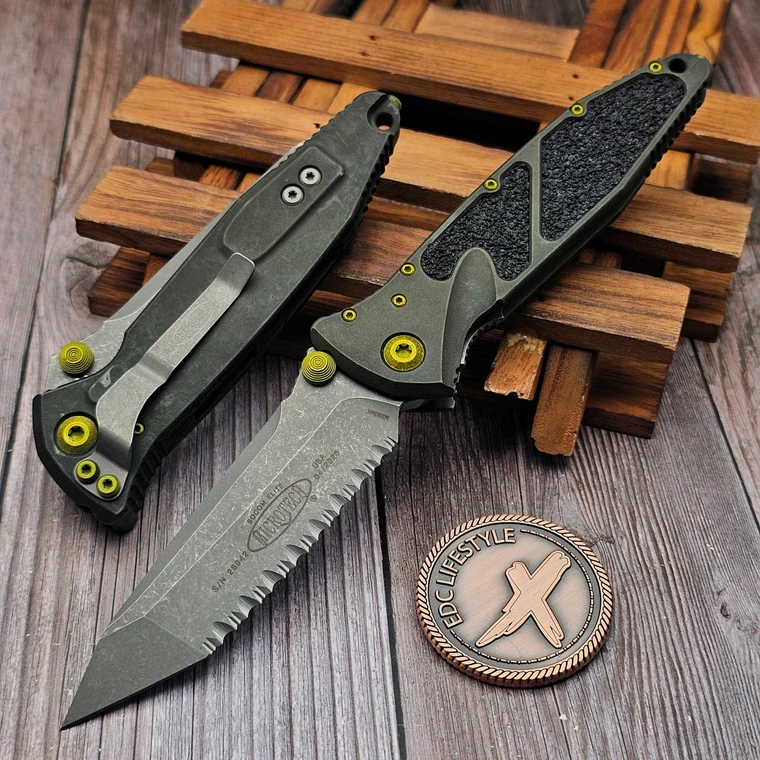 Microtech Socom Elite Manual Distressed Grenade Green 4" T/E Apocalyptic Full Serrated 161-12DGG-U25 by EDC Lifestyle