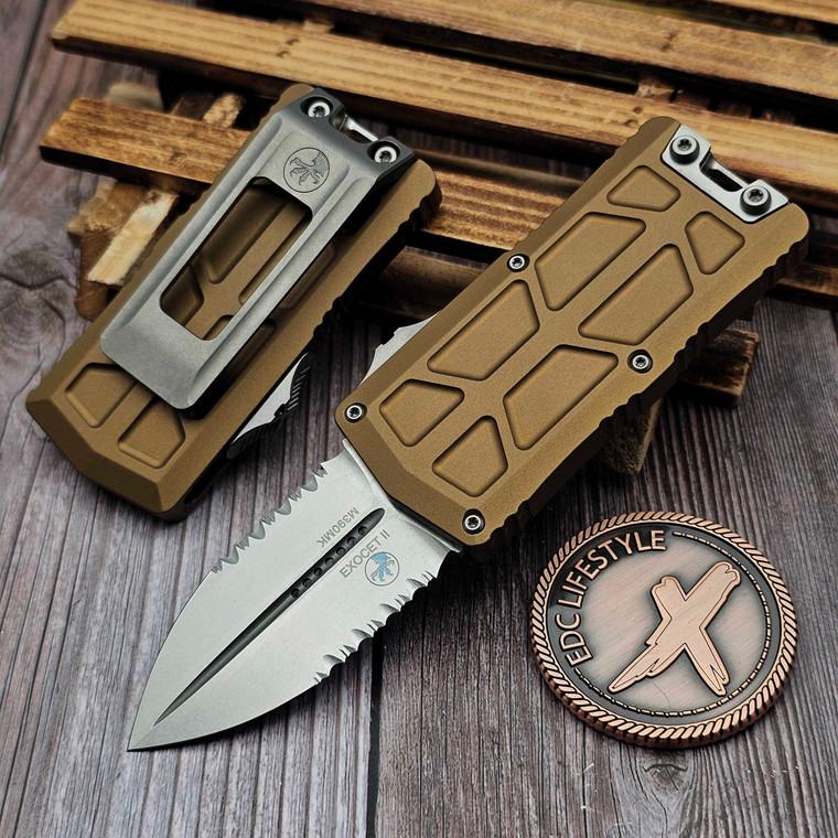 Microtech Exocet II Tan 2.31" D/E Stonewash Partial Serrated OTF Money Clip 1157-11TA by EDC Lifestyle