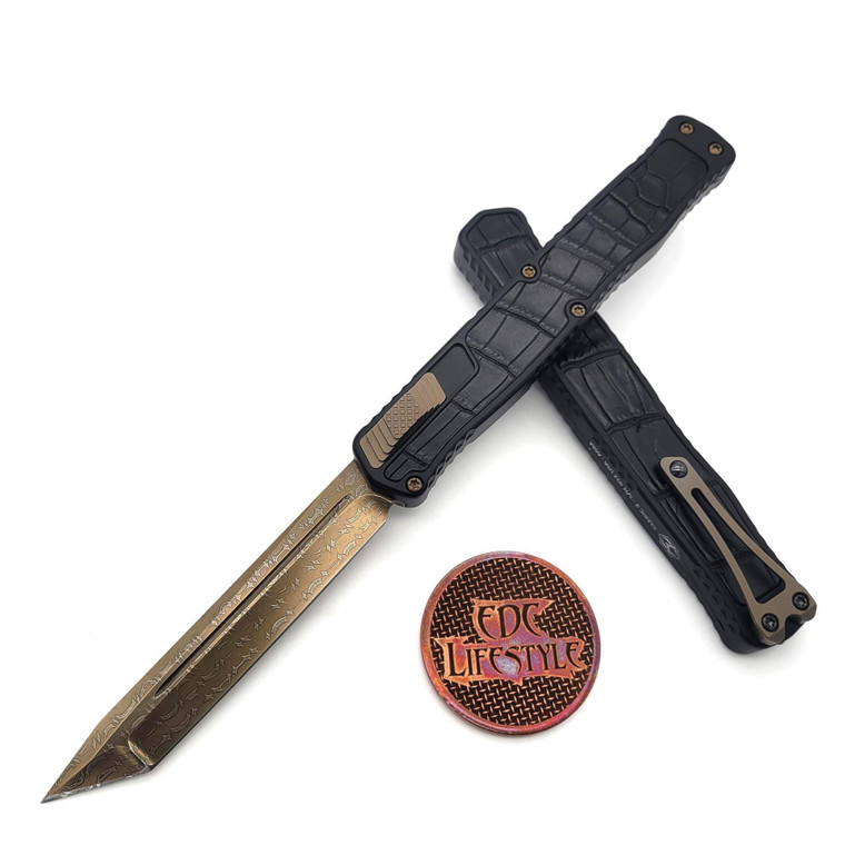 Heretic Knives Custom Cleric 2 Tanto Edge Vegas Forge 3V Bronze Crocodile Inlays Bronze Button and Clip