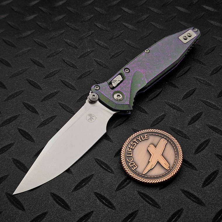 MICROTECH SOCOM RAM-LOK STONEWASH CLIP POINT NEBULA GREEN SLAB SIDE TITANIUM W/PURPLE TI ACCENT MARFIONE SELECT 160RLS-10MS14