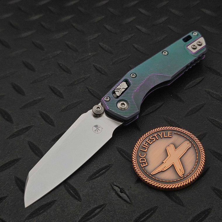 Microtech MSI Ram-Lok Mini Fluted Nebula Green Titanium 3.10" Stonewash Purple Ti Accent Marfione Select 210M-10FLMS18