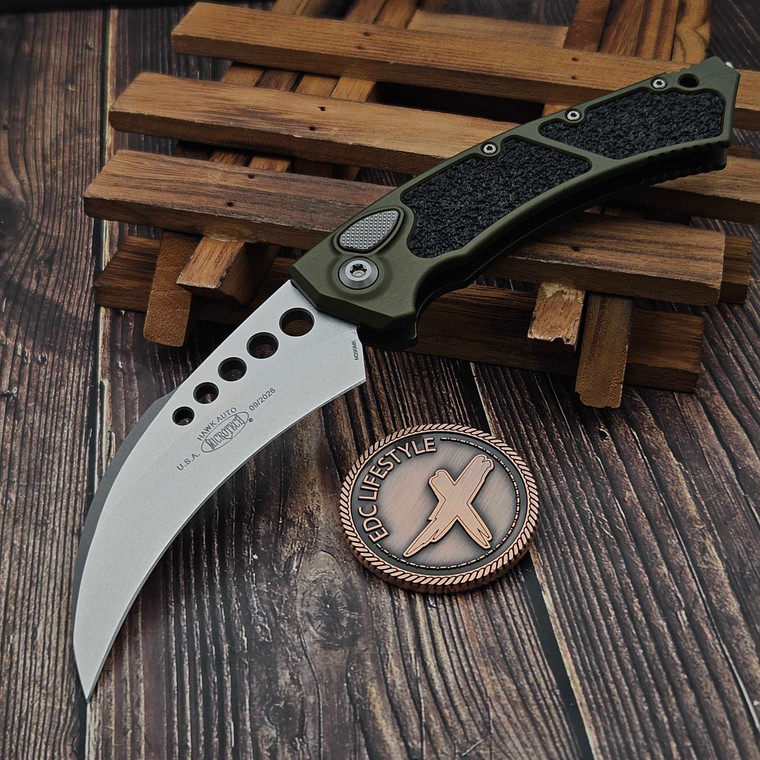 Microtech Hawk Auto OD Green w/Black Textured Inlays 4" Stonewash 166-10OD