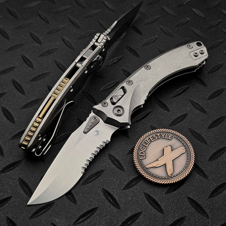 Microtech Amphibian Mini Ram-Lok Slab Titanium 3.25" S/E Stonewash Partial Serrated Bronze Ti Accent Marfione Select 137MRL-11MS1 by EDC Lifestyle