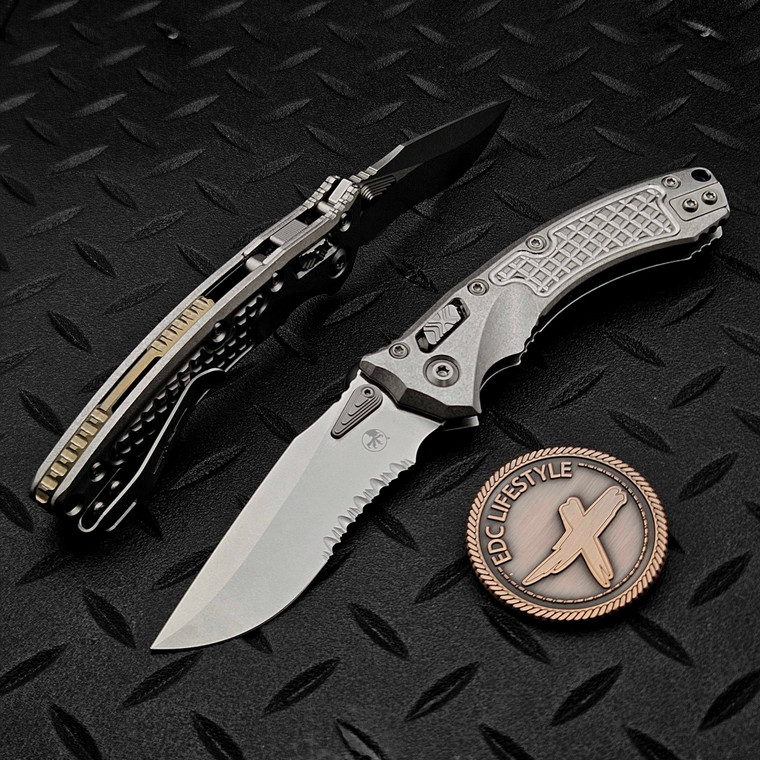 Microtech Amphibian Mini Ram-Lok Frag Titanium 3.25" S/E Stonewash Partial Serrated Bronze Ti Accent Marfione Select 137MRL-11FRMS1 by EDC Lifestyle