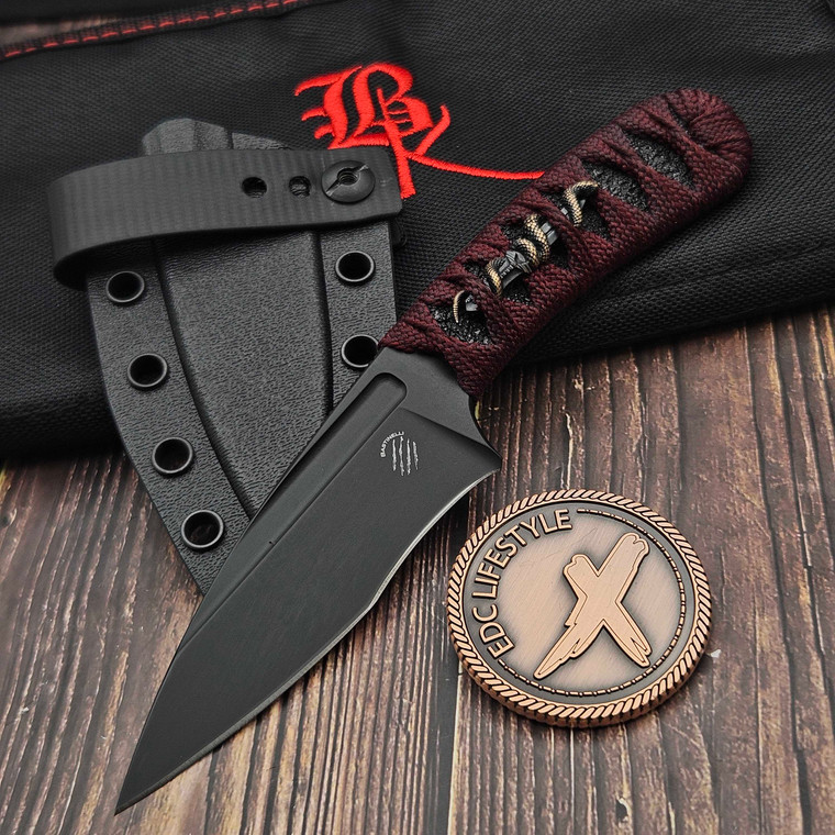 Bastinelli Knives Sin Fixed Blade PVD Red Tsuka Wrap Bronze Snake Menuki S3