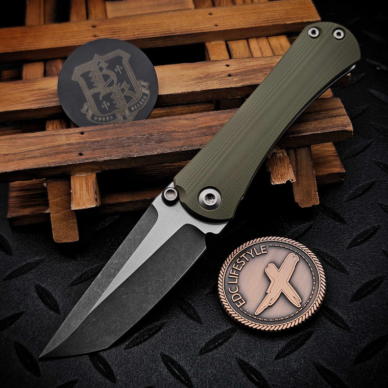 Borka Blades OD Green G10 SBTF Two Tone Acid Wash Tanto Folder