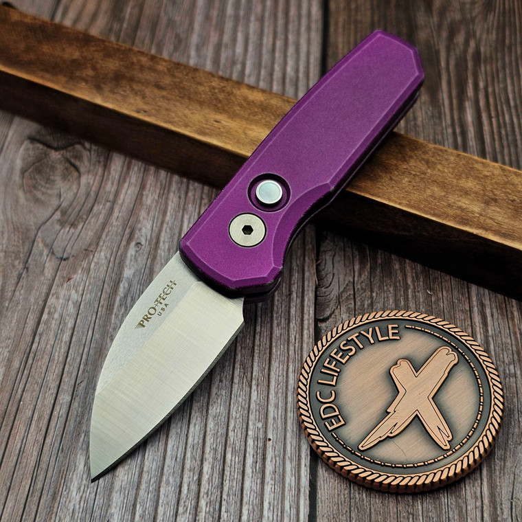 Pro-Tech Runt 5 Battleworn Purple Satin Magancut Wharncliffe, MOP Button Blade Show West 2025 - Preowned