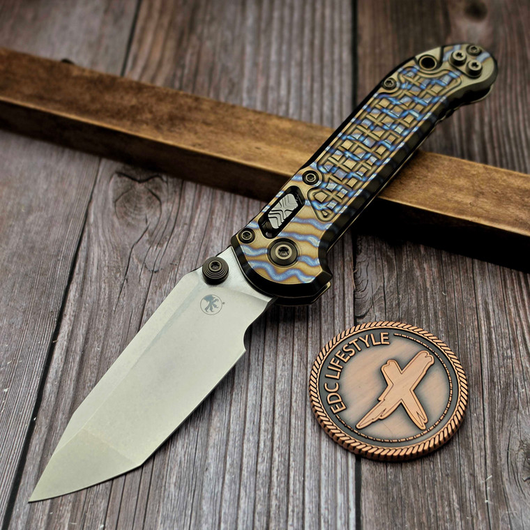 Microtech LUDT Ram-Lok Flamed Frag Titanium 3.40" T/E Stonewash Bronze Ti Accent 1136RL-10FRMS3 - Preowned