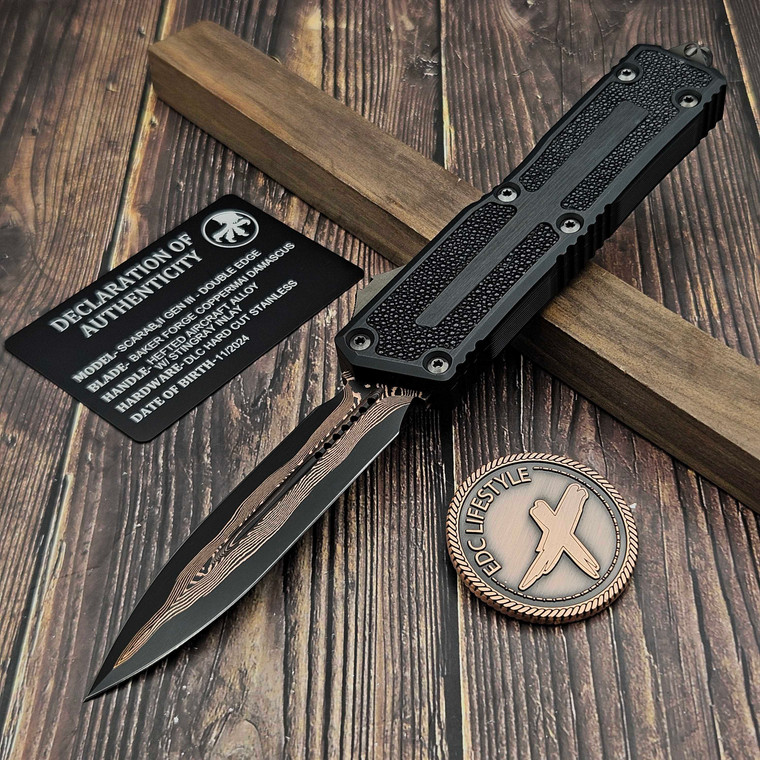 Microtech Scarab II Gen III Black Hefted Alloy W/ Stingray Inlay D/E Baker Forge Coppermai Damascus 1280-16MS1 - Preowned S5
