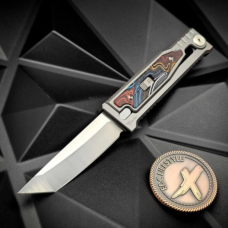 Reate Knives Exo-M Gravity Knife Mult-Color G-10 Damascus Pattern 6AL4V Titanium Bead Blast Handle, ELMAX Satin Tanto 3.125" Blade w/Satin Flats