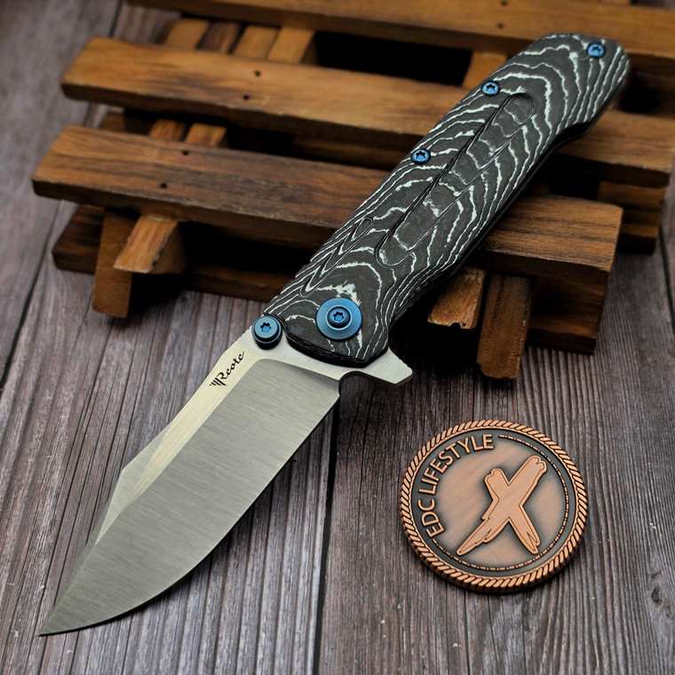 Reate Knives District 9D-V2 White Storm Fat Carbon Handle 3.5" 154CM Belt Satin