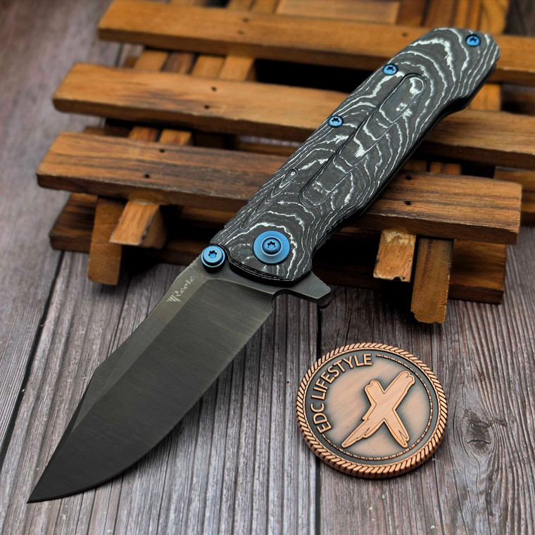 Reate Knives District 9D-V2 White Storm Fat Carbon Handle 3.5" 154CM Belt Satin DLC