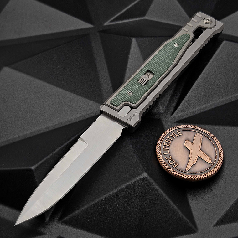 Reate Knives EXO Gravity Knife OD Green Micarta Titanium Bead Blast Handle, Elmax Stonewash Flats Satin Double Edge 3.75" Blade